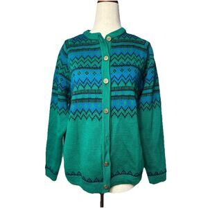 Vintage 50s 60s Kandel Wool Fair Isle Cardigan Sweater Sz L Herringbone Chevron